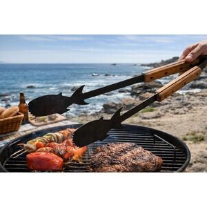 Vintage Wood Handle Fish Grill Tongs Rustic BBQ Utensil